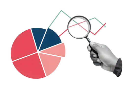 Man looking at round diagram through a magnifying glass. Modern collage style. Illustration on transparent background