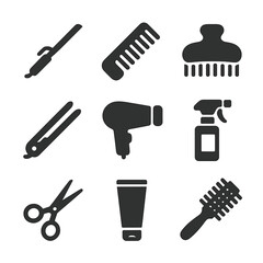 Hairstyling Essentials Icons. Solid, filled icons set of hairstyling essentials: curling iron, comb icon, hair