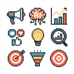AI Marketing Icon Set. Pixel art icon set of AI-powered marketing insights: megaphone, AI brain, analytics graph, target board,