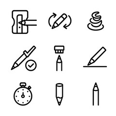 Obraz premium Pencil Sharpening Icons. Outline icon set of sharpening process steps: pencil insertion, twisting motion arrows, shaving curls