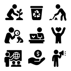 Conservation Icon Set. Solid, filled icon set of conservation activities: tree planting, recycling bin, clean-up, research,