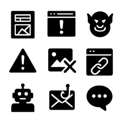 Misinformation Icon Grid. Solid, filled icon set of online misinformation sources: fake news article, misleading headline, troll