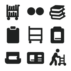 Mobile Library Icons. Solid, filled icon set of mobile reading carts: book cart, wheels icon, transport stack, clipboard, rolling
