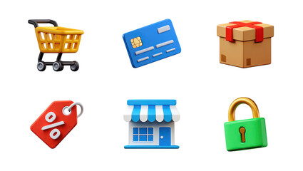 Six 3D Rendered E Commerce Icons Set Yellow Shopping Cart Blue Credit Card Brown Package Red Discount Tag Blue Shop Building Green