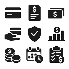 Credit Payment Icons. Solid, filled icons set of paying off credit card balances: credit card icon, statement