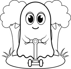 cute ghost riding scooter  add grass and a tree  c.eps