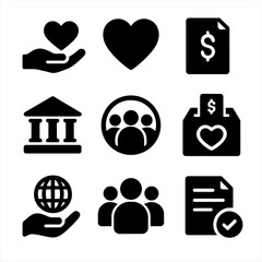 Charity Icon Set. Solid, filled icon set of charitable foundations: donation hand, heart icon, funding document, nonprofit