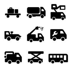 Airport Service Vehicles. Solid, Filled icon set of ground operations vehicles: baggage cart, fuel truck, catering truck, pushback