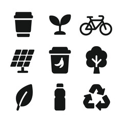Eco-Friendly Icons Grid. Solid, filled icon set of eco-friendly coworking: reusable cup, plant, bicycle, solar panel, compost bin,