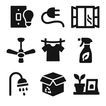 Eco-Friendly Home Icons. Solid, filled icon set of eco-friendly habits at home: turn off lights, unplug devices, open window, use