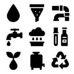 Clean Water Icons. Solid, filled icon set of clean water tech: water droplet, filter, pipeline, faucet, rain collector, water