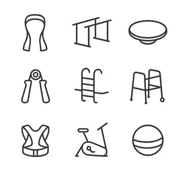 Rehabilitation Tools Icons. Outline icon set of rehabilitation and therapy tools: therapy resistance band, parallel bars, balance
