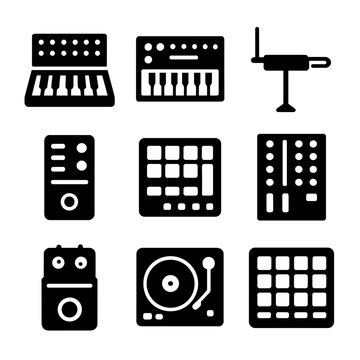 Electronic Instrument Icons. Solid, filled icon set of iconic electronic instruments: Moog synthesizer, Roland TR-808, Theremin,