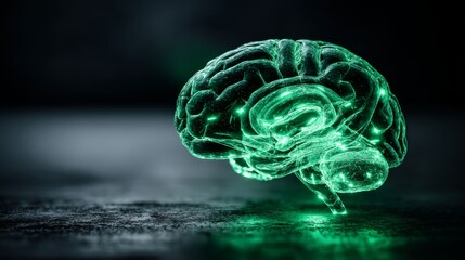 A glowing transparent model of the brain from a futuristic perspective, complete with neural connections on a green abstract background