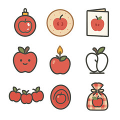 Apple Crafts Icons. Flat icon set of apple crafts and DIY: painted apple ornament, salt-dough stamp, apple-print card, felt apple
