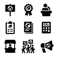 Climate Awareness Icons. Solid, filled icon set of climate awareness actions: protest sign, green badge, public speaker, petition