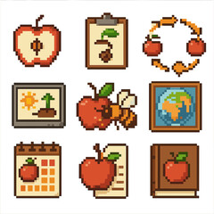 Apple Education Icons. Pixel art icon set of apple educational themes: anatomy diagram, seed germination, lifecycle chart,