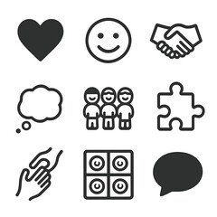 Emotional Learning Icons. Solid, filled icon set of social and emotional learning activities: heart, smiley face, handshake,