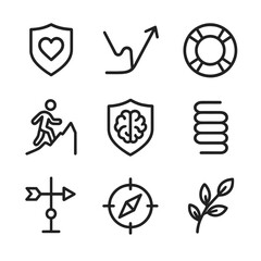 Resilience and Adaptability Icons. Outline icon set of resilience and adaptability: shield with heart, bouncing arrow, lifebuoy,