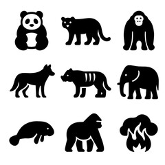 Naklejka premium Endangered Animals & Threats. Solid, filled icon set of endangered mammals: giant panda, snow leopard, orangutan, black rhino, red