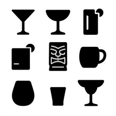 Cocktail Glass Icons. Solid, filled icon set of cocktail presentation styles: martini glass, coupe glass, highball glass, lowball