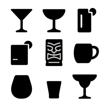 Cocktail Glass Icons. Solid, filled icon set of cocktail presentation styles: martini glass, coupe glass, highball glass, lowball
