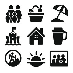 Family Vacation Icons. Solid, filled icons set of family vacation moments: family icon, picnic basket, beach