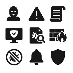 Cyber Security Icons. Solid, filled icon set of threat detection and response: intrusion detection, threat alert, system log,