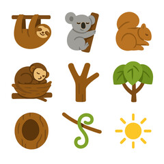 Fototapeta premium Arboreal Sleepers Icons. Flat icon set of arboreal sleepers: sloth hanging, koala clinging, squirrel curled, monkey nest, branch