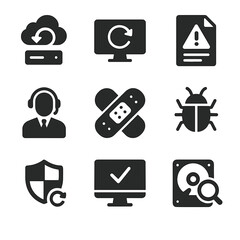 Cybersecurity Recovery Icons. Solid, filled icon set of cybersecurity incident recovery: backup restore, system reboot, incident