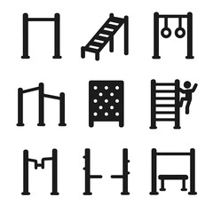 Outdoor Fitness Icon Set. Solid, filled icons set of outdoor fitness climbing frames: pull-up bar, incline