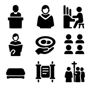 Clergy Service Icon Set. Solid, filled icon set of clergy at worship services: pulpit speaker, choir robe, organist, lector