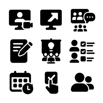Collaborative Icon Set. Solid, filled icon set of collaborative features on interactive displays: video call, shared screen, group