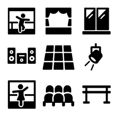 Dance Environment Icons. Solid, filled icon set of dance environments: dance studio, stage, mirror wall, sound system, dance floor