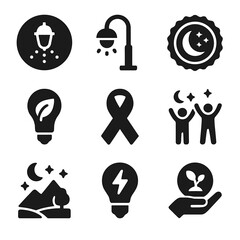 Fototapeta premium Dark Sky Icons. Solid, filled icon set of dark sky preservation: light pollution icon, shielded lamp, dark sky badge, eco-friendly