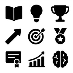 Obraz premium Personal Growth Icons. Solid, filled icon set of personal growth: book, light bulb, trophy, upward arrow, target, medal,