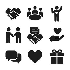 Community Icon Set. Solid, filled icon set of community engagement: handshake, group meeting, volunteer, partnership, handshake