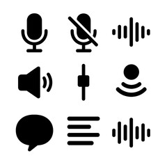 Obraz premium Audio Icon Set. Solid, Filled icon set of voice input and output elements: microphone icon, mute button, waveform display, speaker