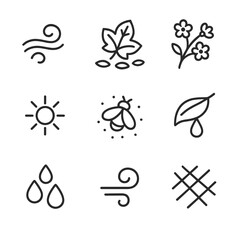Seasonal Glade Icon Set. Outline icon set of seasonal glade atmospheres: morning mist swirl, autumn leaf carpet, spring bloom twig