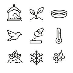 Seasonal Bird Feeding Icons. Outline icon set of seasonal bird feeding: winter feeder, spring sprouts, autumn berries, summer