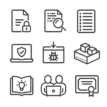 Secure Coding Icon Set. Outline icon set of secure coding and application security courses: code file with lock symbol, secure