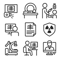 Radiology Icon Set. Solid, filled icon set of radiology procedures: image acquisition, patient positioning, contrast injection,