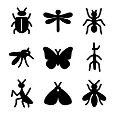 Rainforest Insect Icons. Solid, filled icon set of rainforest insects: beetle, dragonfly, ant, mosquito, butterfly, stick insect,