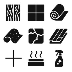 Kitchen Flooring Icons. Solid, filled icons set of flooring options for kitchens: hardwood plank, ceramic tile