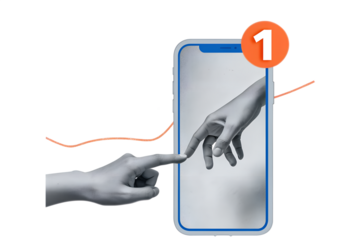 Black and white hands holding a phone with an unread message. Modern collage style. Illustration on transparent background