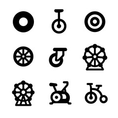 Recreational Wheels Icons. Solid, filled icon set of recreational wheels: roller skate wheel, unicycle wheel, skateboard wheel,