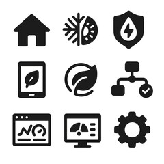 Sustainable Home Icons. Solid, filled icons set of sustainable home management: house icon, climate control,