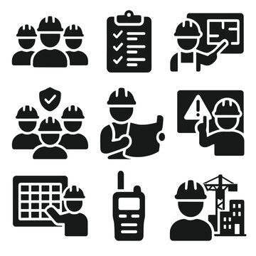Construction Team Icons. Solid, filled icon set of construction team tasks: crew icon, task list, team briefing, blueprint check,