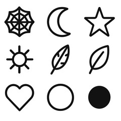 Obraz premium Dreamcatcher Icon Grid. Solid, filled icon set of dreamcatcher symbolic motifs: spider web, moon, star, sun, feather, leaf, heart,