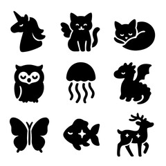 Dreamy Creatures Icons. Solid, filled icon set of dreamy creatures: unicorn, winged cat, dream fox, sleeping owl, floating